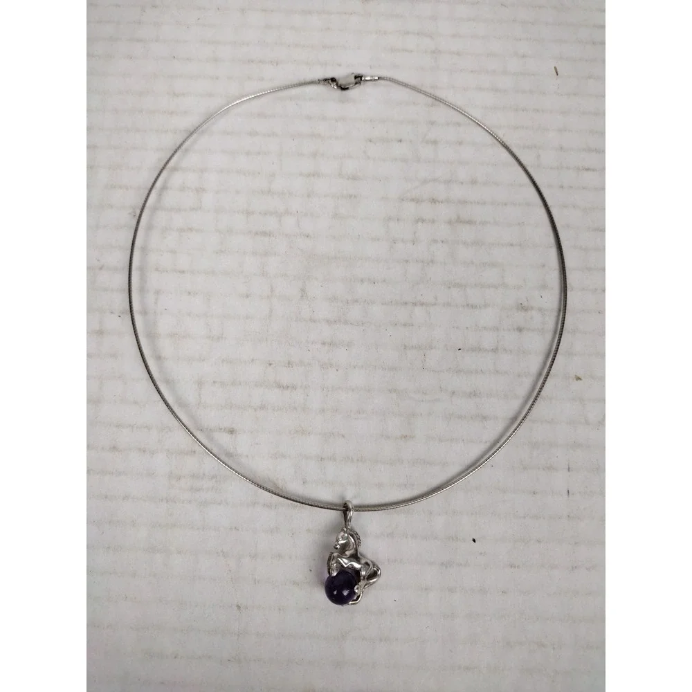 925 Sterling Silver Dyed Purple Agate Rearing Horse CHILD'S Choker Necklace